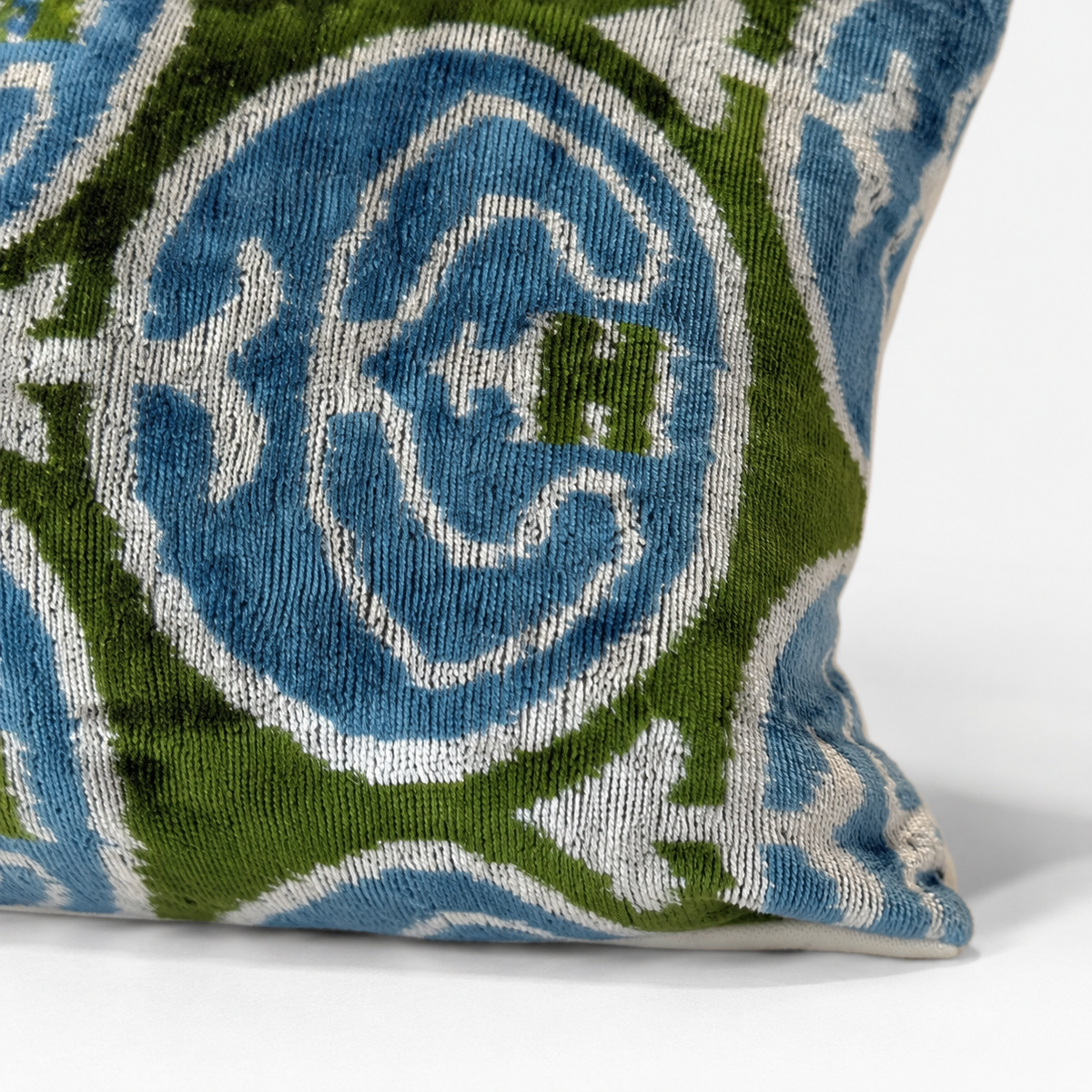 Handmade Blue Green Silk Velvet Ikat Lumbar Pillow Cover
