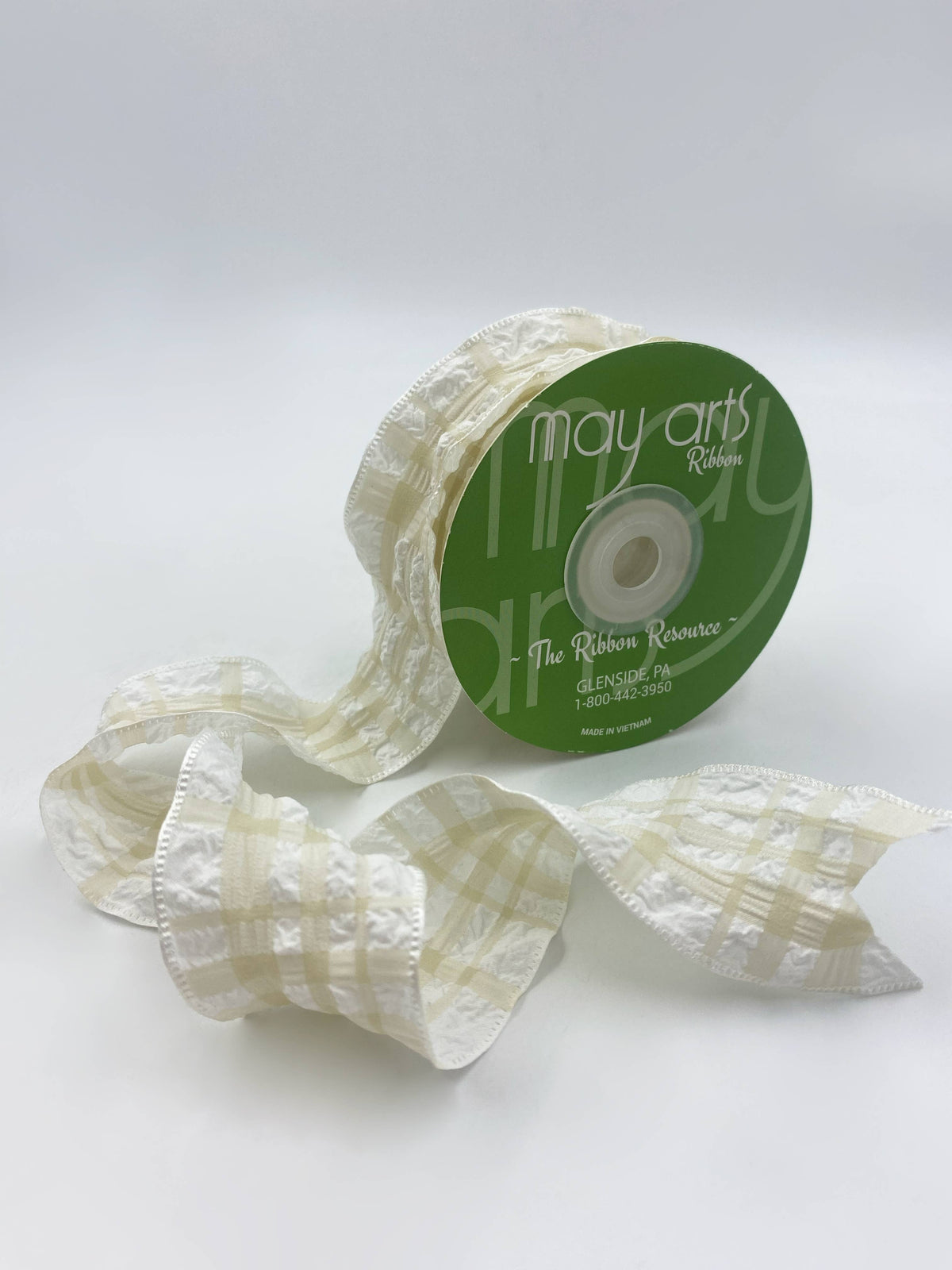 1.5″ Ivory & Tan Seersucker Plaid Ruffled Edge Ribbon