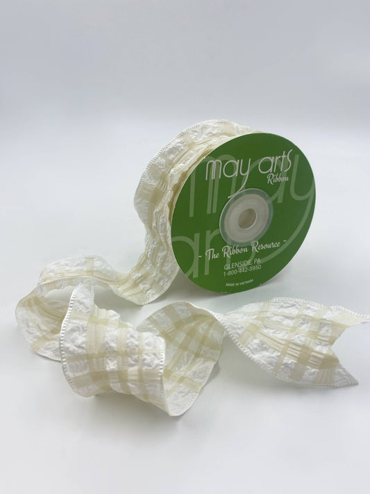 1.5″ Ivory & Tan Seersucker Plaid Ruffled Edge Ribbon