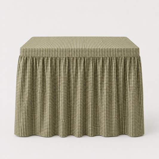 PRE-ORDER || Mahjong Game Tablecloth - Skirted Linen Olive Mini Gingham