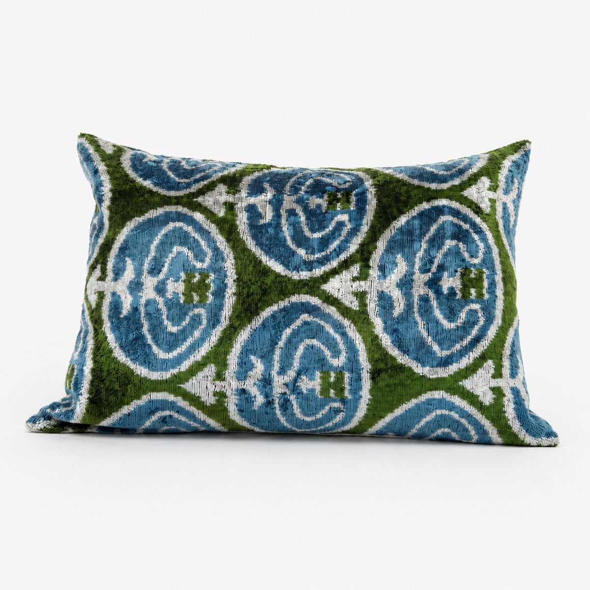 Handmade Blue Green Silk Velvet Ikat Lumbar Pillow Cover