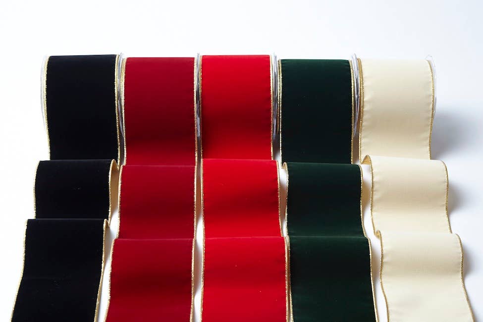 4" Dark Green Velvet Reversible Gold Wired Ribbon