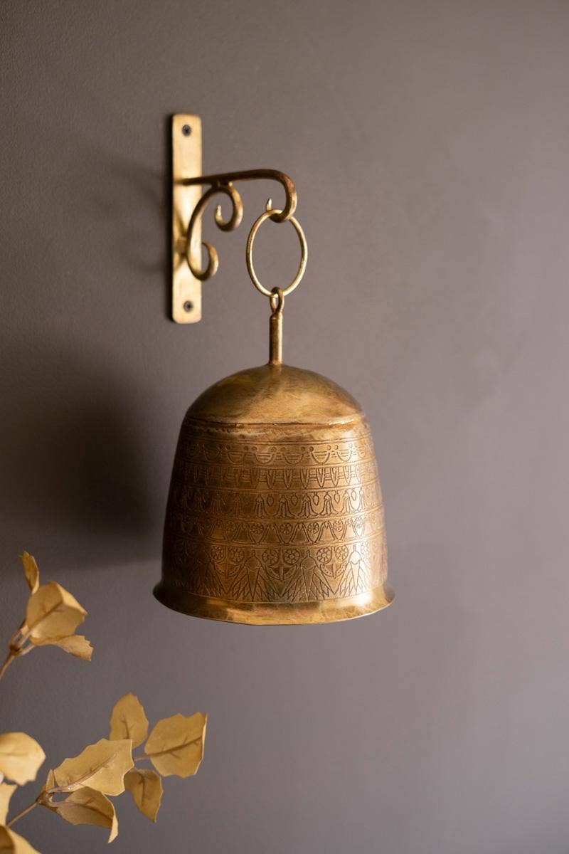 ANTIQUE BRASS BELL AND WALL BRACKET