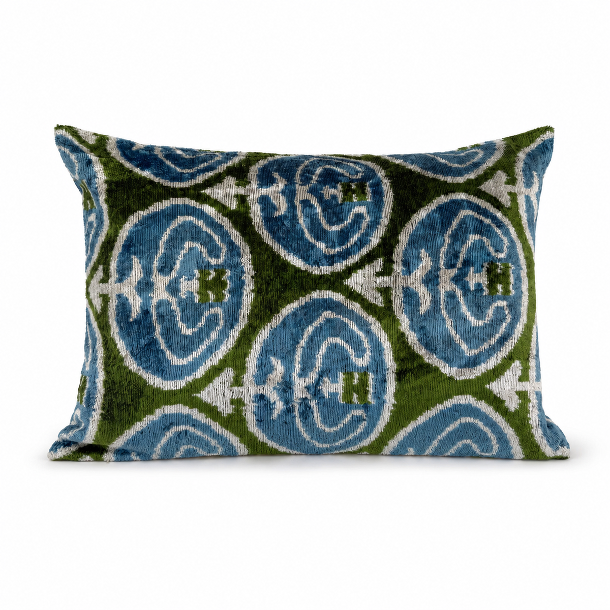 Handmade Blue Green Silk Velvet Ikat Lumbar Pillow Cover