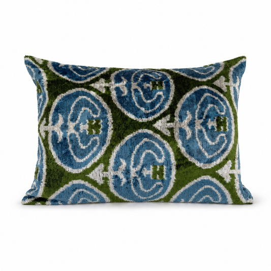 Handmade Blue Green Silk Velvet Ikat Lumbar Pillow Cover
