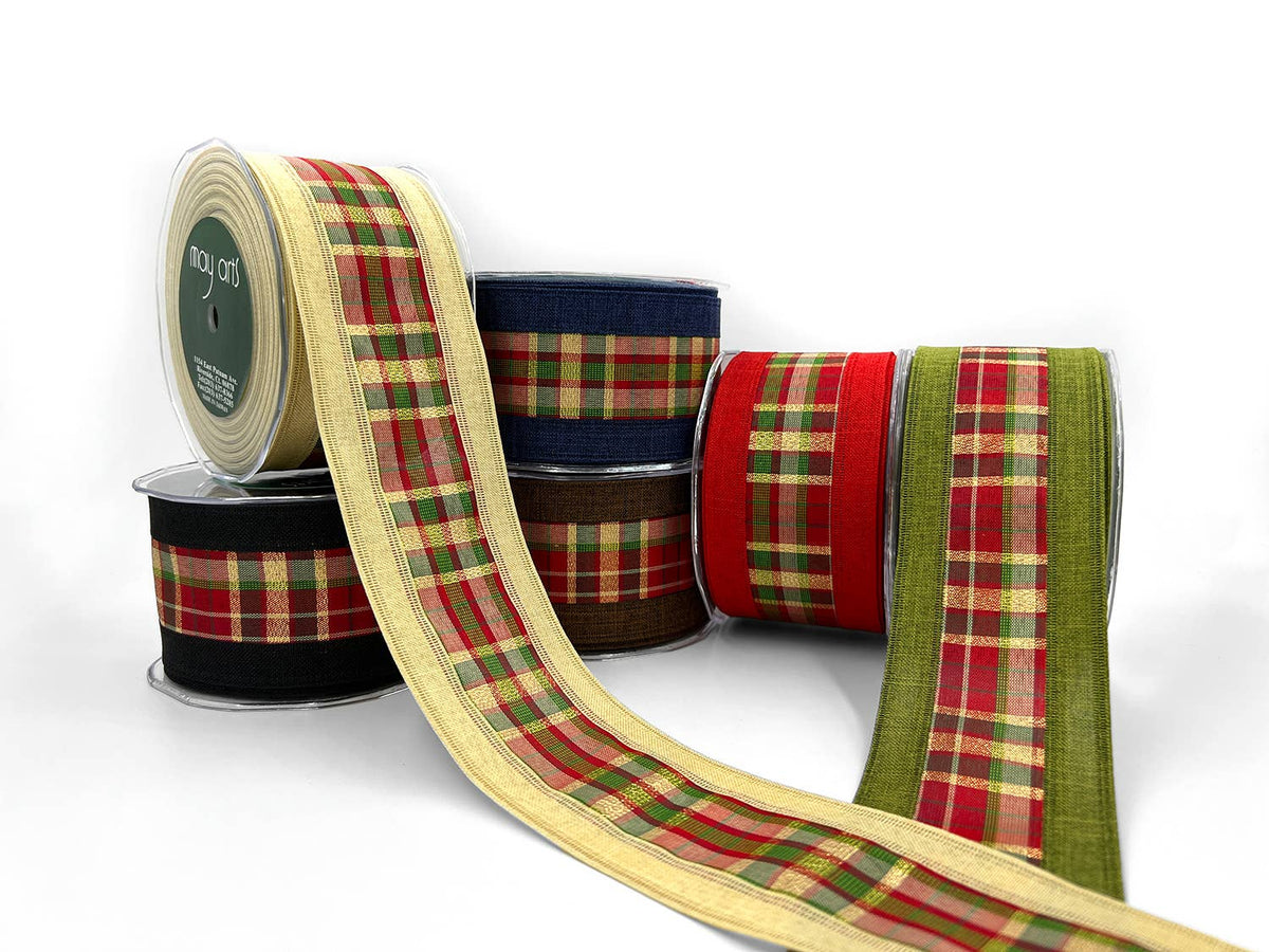 2.5" Navy Blue Metallic Tartan Wired Ribbon