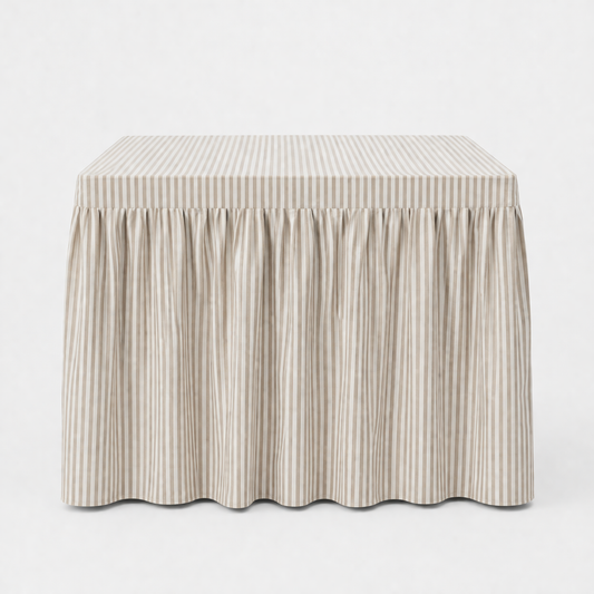 PRE-ORDER || Mahjong Game Tablecloth -Skirted Linen Oatmeal Awning Stripe