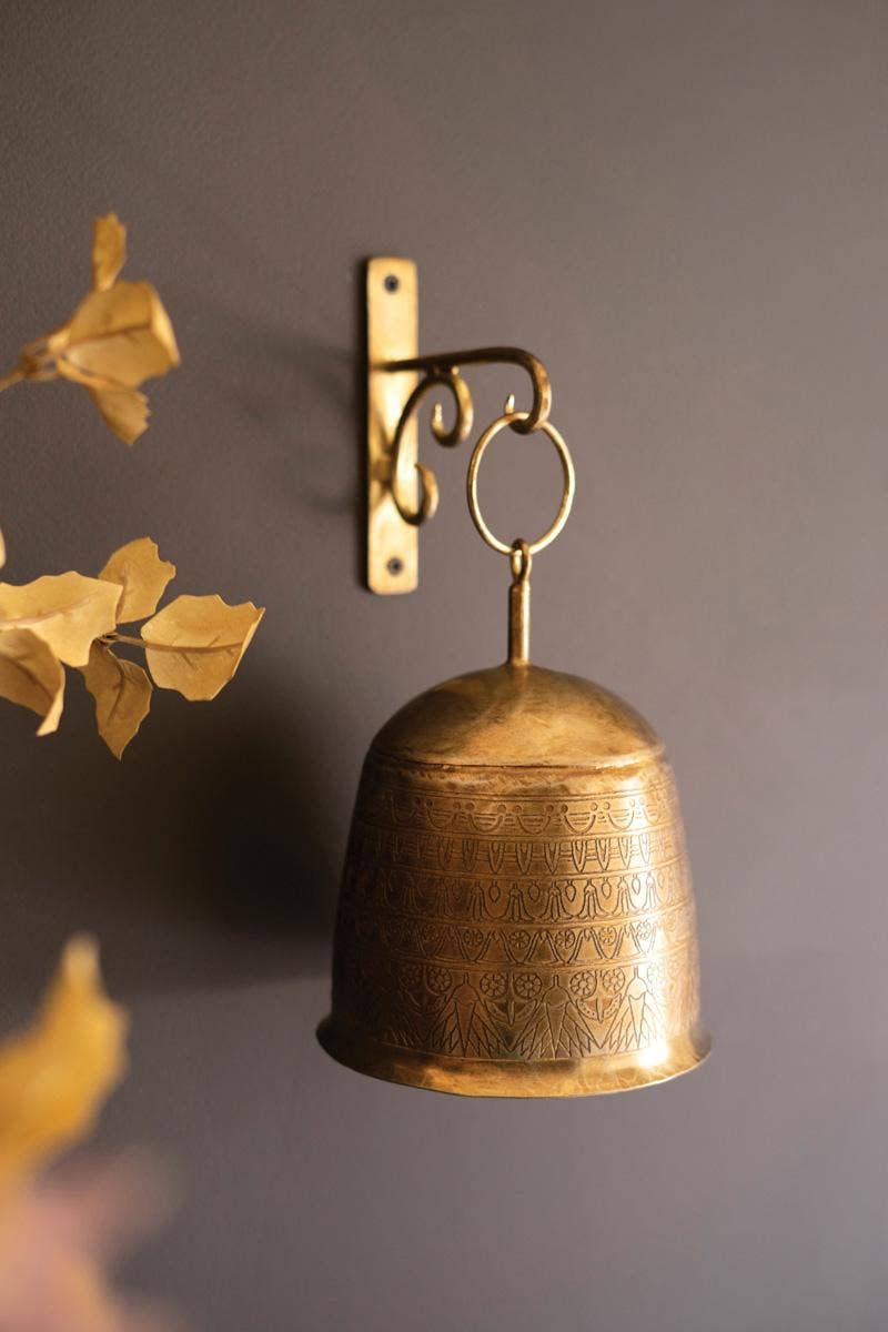 ANTIQUE BRASS BELL AND WALL BRACKET