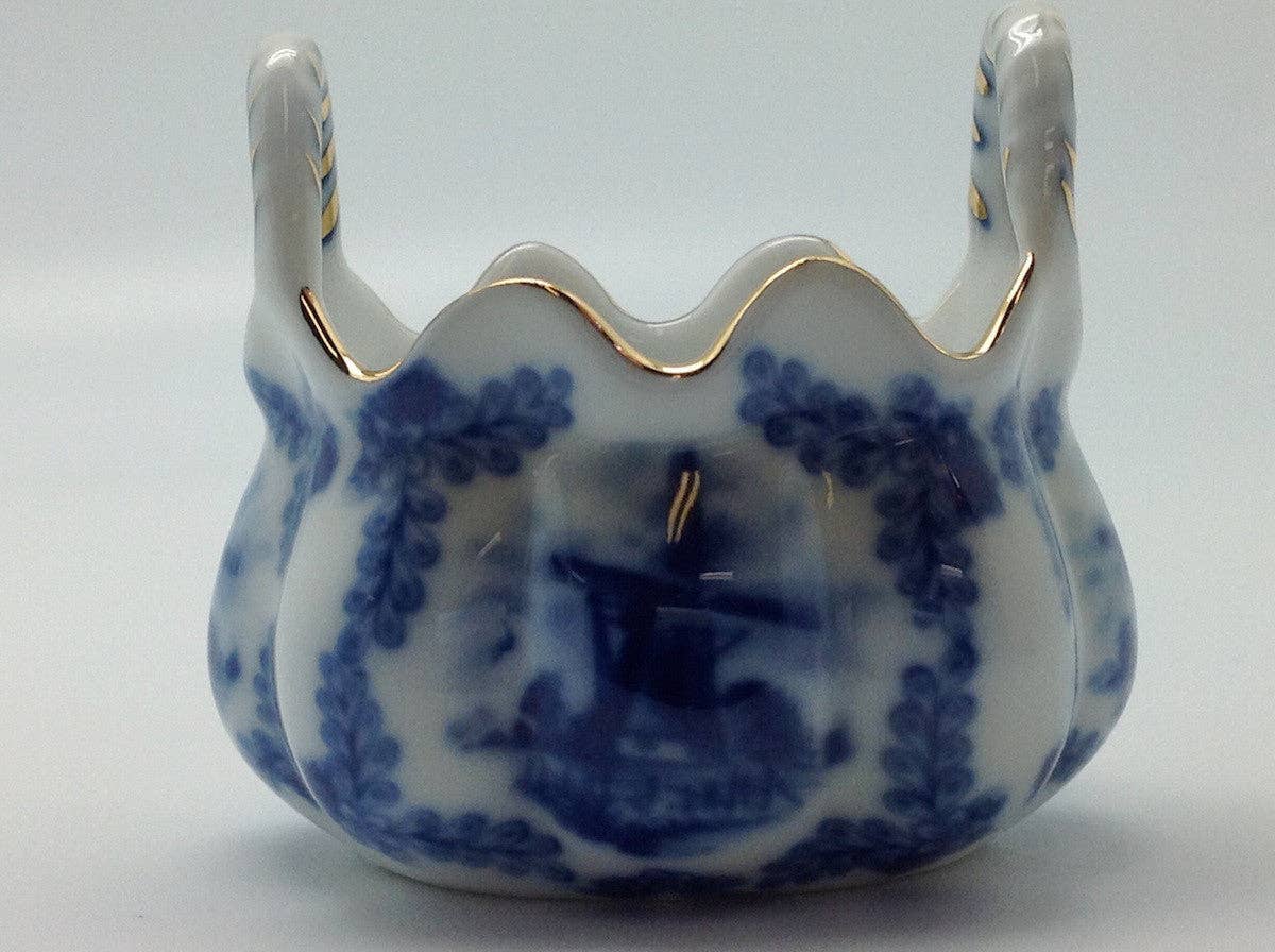 Mini Victorian Antique Basket Jewelry Box Delft Blue