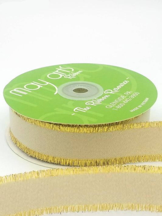 1″ Ivory Grosgrain Gold Fringe Metallic Ribbon